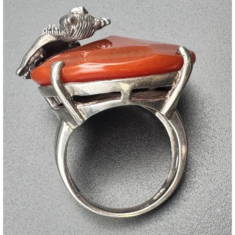 Sterling Silver Panther Carnelian Ring Size 8.5 Marcasite Art Deco Style 18.9 gm